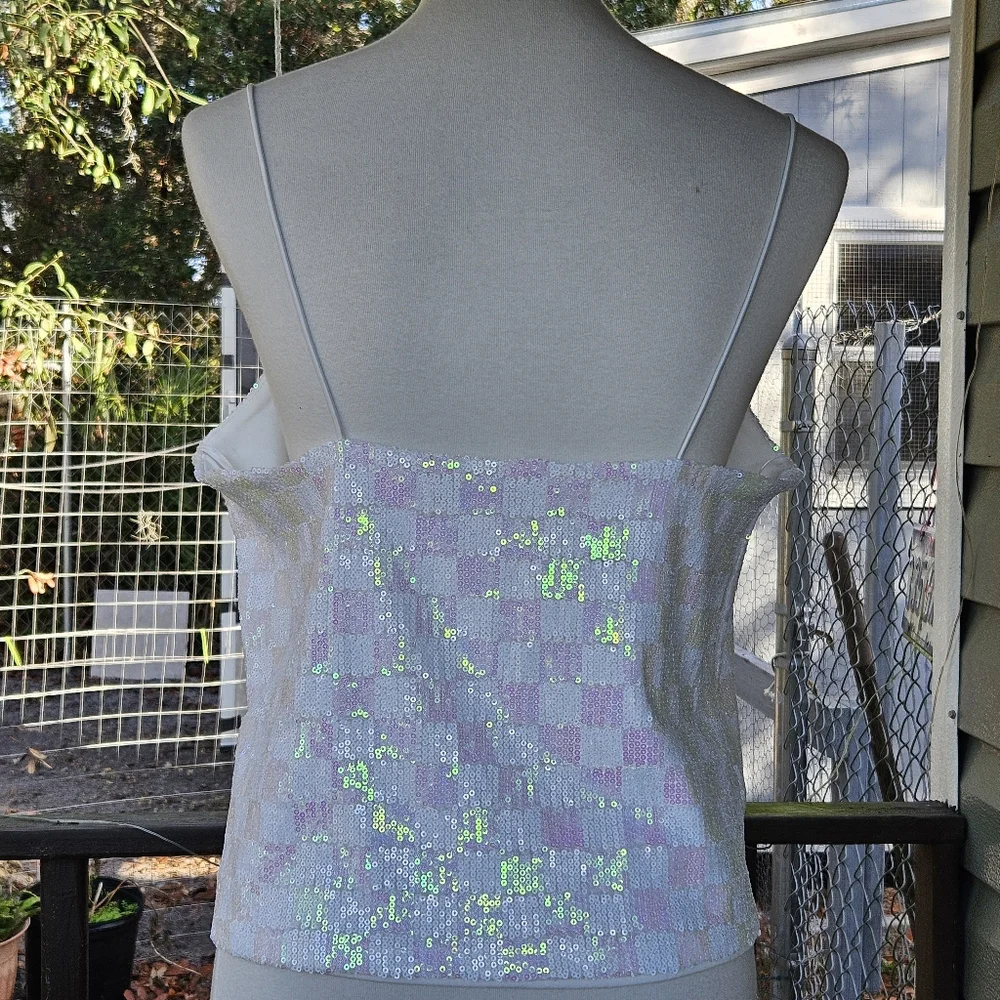 Crop Top Size L Iridescent Lavender Checkered Sequin Spaghetti Strap Mermaid Y2K - Picture 3 of 10
